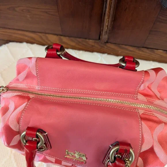 Coach Madison Sabrina Signature Pink Satchel with Red Patent Leather Trim. - Picture 13 of 16